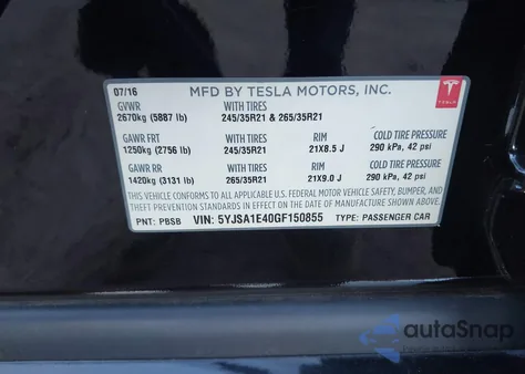 2016 Tesla Model S 90D/P100D/P85D/P90D from USA, damaged, VIN 5YJSA1E40GF150855